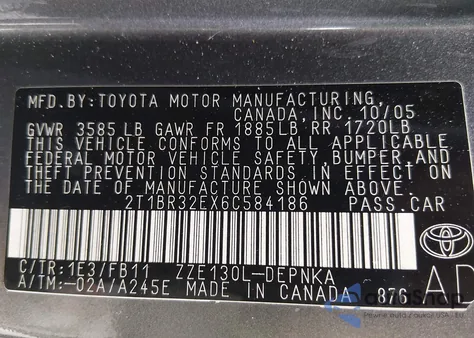 2006 Toyota Corolla Le из США, поврежденный, VIN 2T1BR32EX6C584186